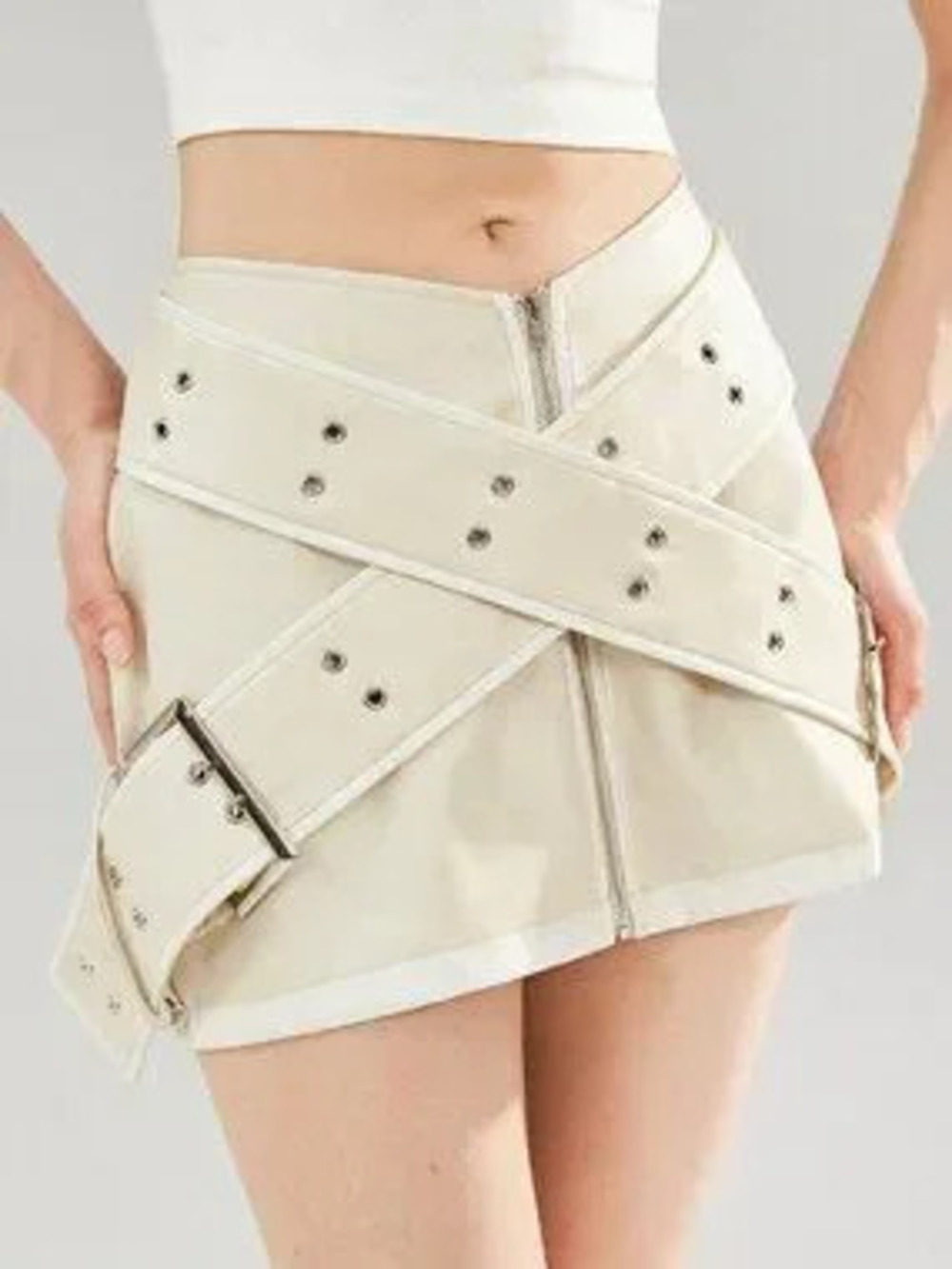 ZARA Beige Party Women's faux leather Buckle Strap Mini Skirt